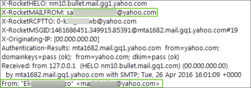 Image of a mail header showing a forged from address.