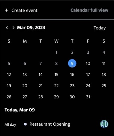 Image of the events calendar in Yahoo Mail