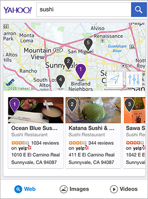 Graphic showing local restaurant search results in a map and list.
